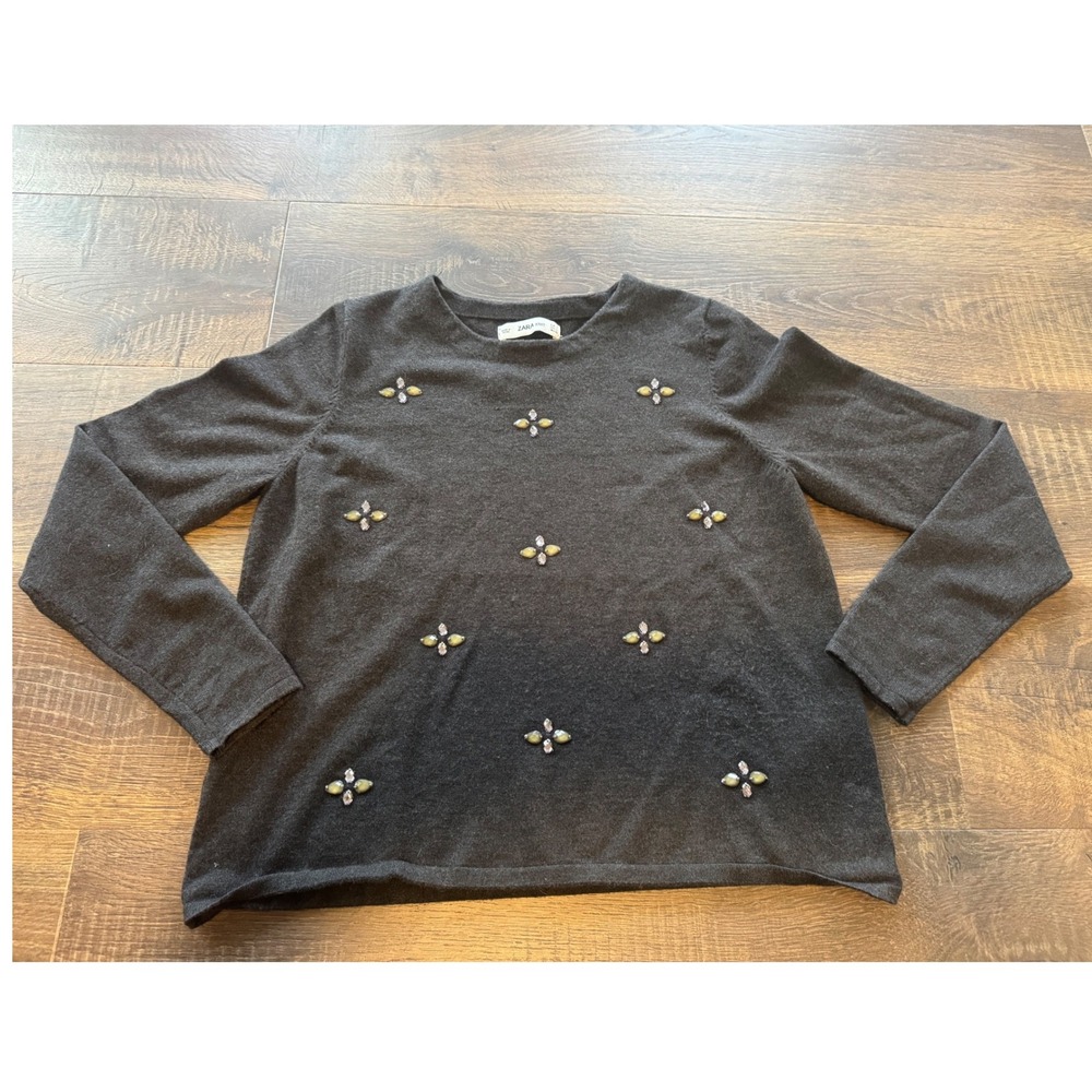 ZARA KNIT Women Charcoal Gray Embellished Long Sleeve Sweater‎ Top Size L